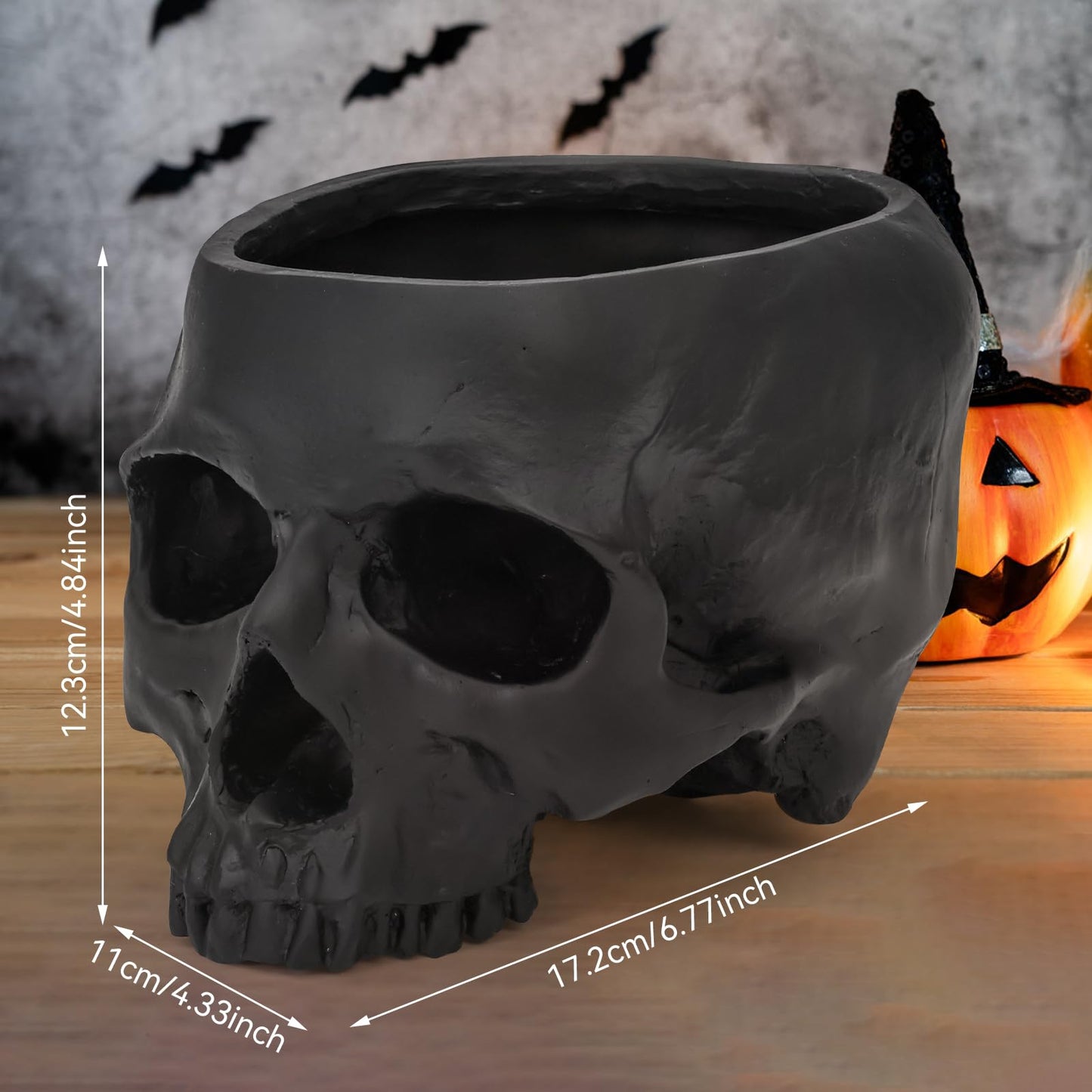 Sinromrich Skull Planter Pot for Plants - Realistic Human Skull Head Flower Pot, Halloween/Gothic Décor, Resin Planter for Succulents, Bonsai, Cactus, Home Bar, Desk, Spooky Gift Idea (Black)