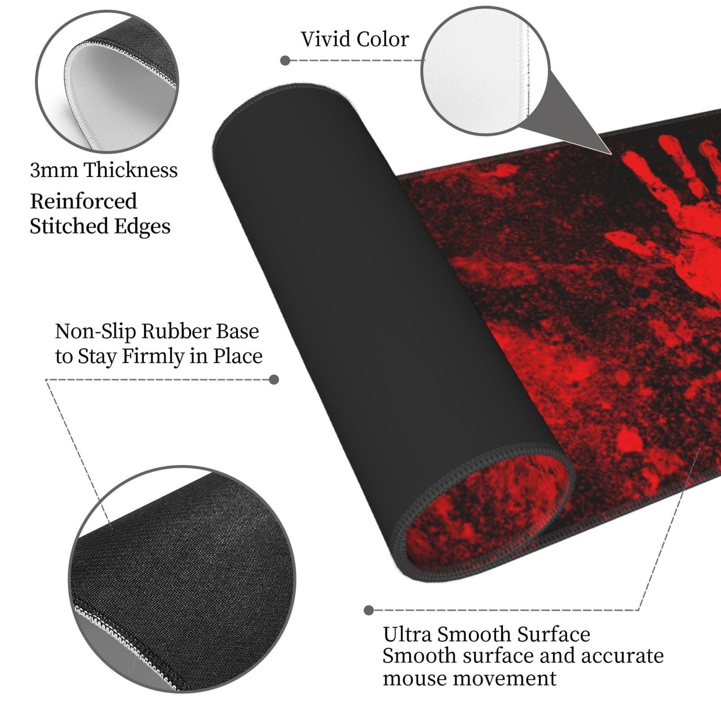 Halloween Scary Horror Red Blood Spatter Bloody Handprint Gaming Keyboard Mouse Pad Mousepad Huge Extended XL Stitched Edge Rubber Sole for Home Office(31.5"X 11.8")