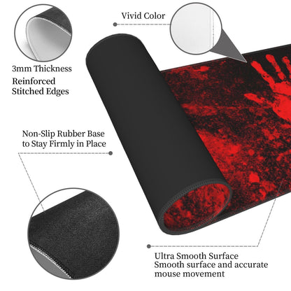Halloween Scary Horror Red Blood Spatter Bloody Handprint Gaming Keyboard Mouse Pad Mousepad Huge Extended XL Stitched Edge Rubber Sole for Home Office(31.5"X 11.8")