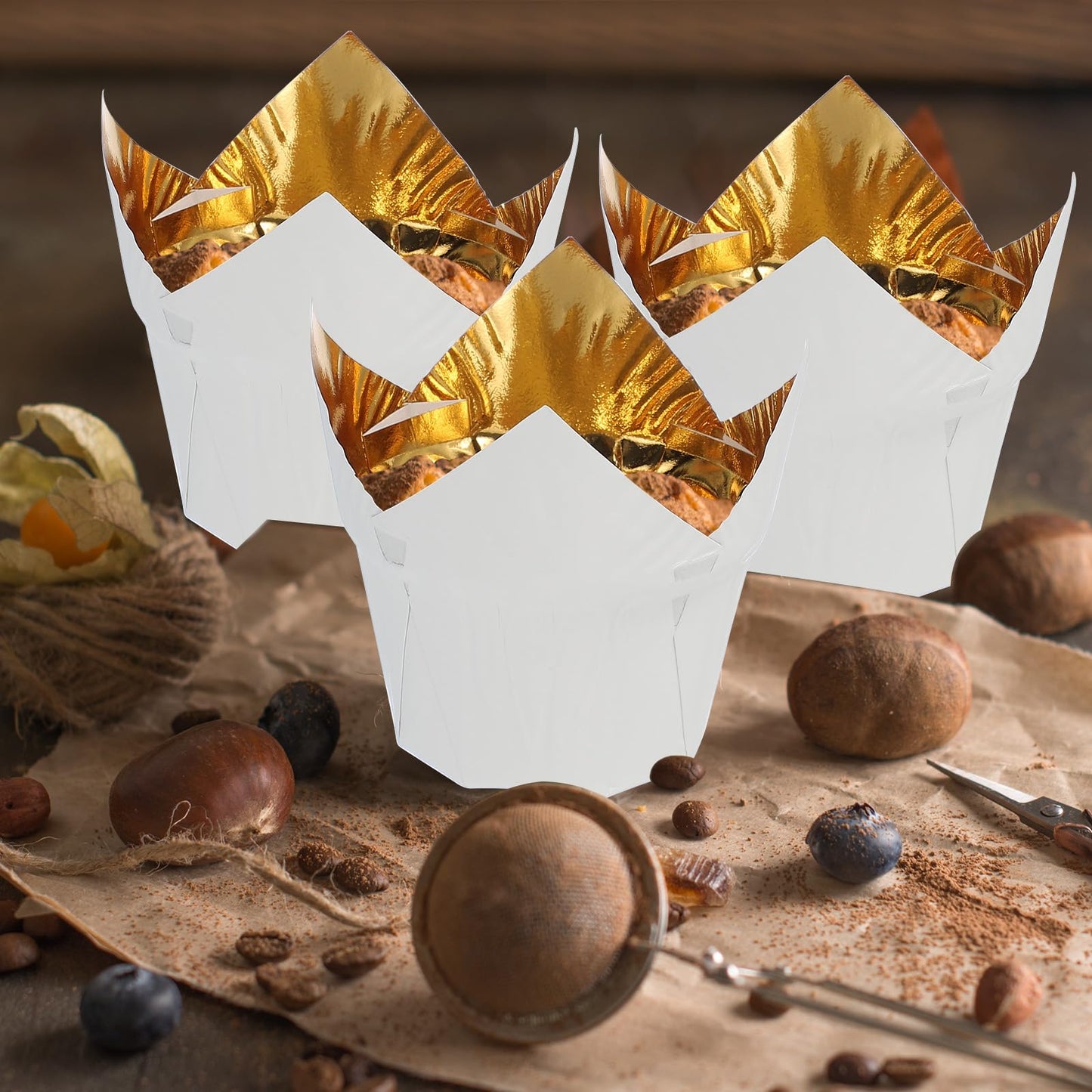 uxcell 50 Pcs Tulip Baking Cups Cupcake Muffins Liners Aluminum Foil Paper Greaseproof Wrappers for Weddings Birthday Party Festivals Christmas, Gold/White, Gold/Black