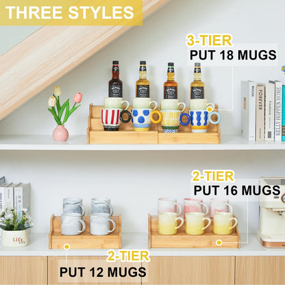 Hongtamoya 3-Tier Expandable Bamboo Mug Holder For Countertop Coffee Cup Holder Display Mug Organizer Mug Rack for Coffee Bar Organizer Mug Shelf for Cabinet for Kitchen, Home