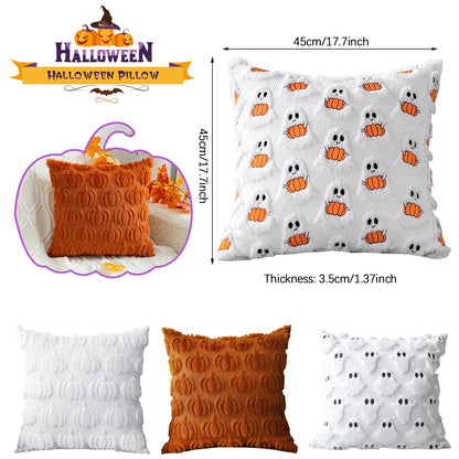 Huaerle Halloween Pillow Covers 18x18 Ghost Pumpkin Pattern Pillowcases Fall Throw Pillow Covers Set of 4 Double-Sided Halloween Pillow Covers Soft Plush Faux Wool Cushions for Home Patio Sofa Couch