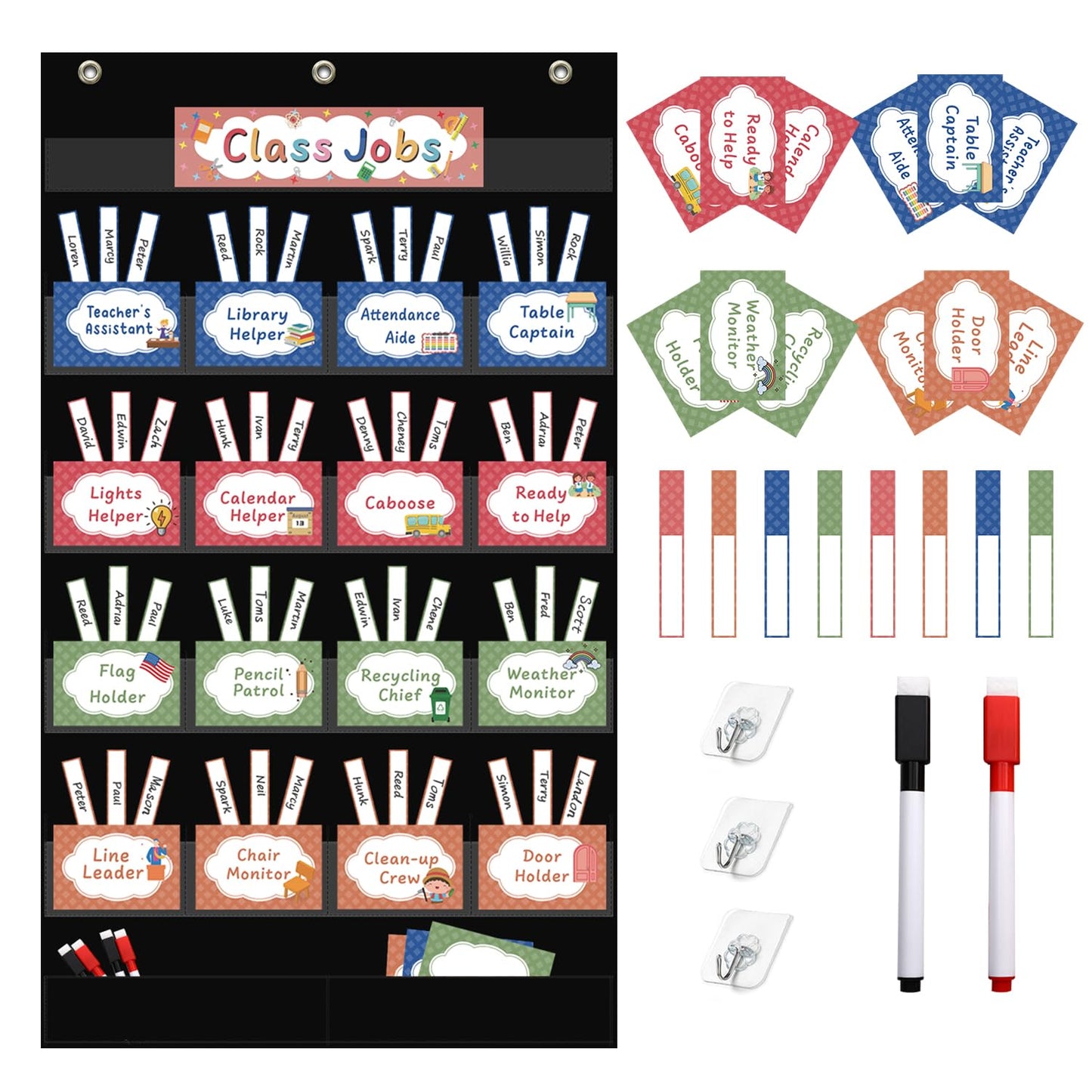 REGELETO Class Jobs Pocket Chart with 17 Pockets and 2 Storage Bags,73 Cards Class Management Educational Pocket Chart Teacher's Helper Size: 32.6" L x 19.6 H Bulletin Board for Classroom (Black)