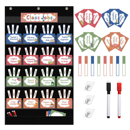 REGELETO Class Jobs Pocket Chart with 17 Pockets and 2 Storage Bags,73 Cards Class Management Educational Pocket Chart Teacher's Helper Size: 32.6" L x 19.6 H Bulletin Board for Classroom (Black)