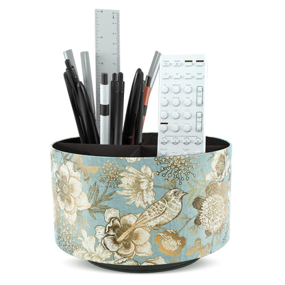 Hennaja Round Leather Art Supply Organizer,Remote Control Holder,360 Degree Rotating,Multi-Functional Pencil Holder,4 Compartments Desktop Stationary Organizer(1-Blue Bird)