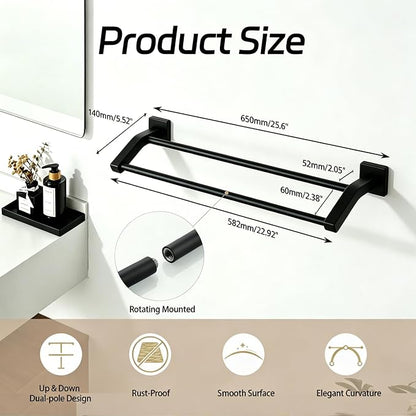 Alise Double Towel Bar, 24 Inch Towel Rack for Bathroom Wall Mounted, SUS304 Stainless Steel Bathroom Towel Holder Joining Process Towel Rail for Bathroom,Matte Black