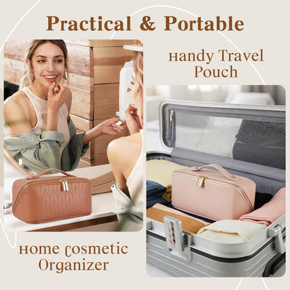 IDELCHOIS Travel Makeup Bag Large Capacity Cosmetic Bags for Women, Waterproof Toiletry Bag Open Flat Makeup Bag with Compartments and Handle, Portable Cosmetic Organizer Pouch, Pink
