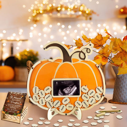Thyle 63 Pcs Pumpkin Baby Shower Guest Book Fall Halloween Pumpkin Baby Shower Decorations with Photo Frame Sonogram Frame Keepsake Alternatives 60 Wood Slices Set, Autumn Thanksgiving Party Favors