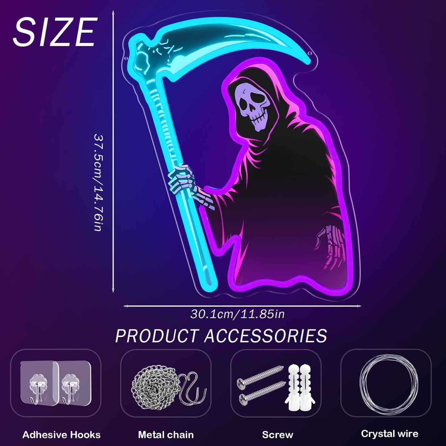 Grim Reaper Neon Sign with Scythe, Dimmable LED Skeleton Neon Light for Wall Decor, Gothic Room, Man Cave, Bar, Game Room Decor Gifts