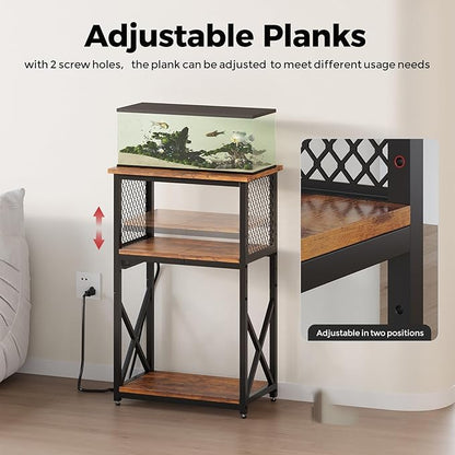 HavenlyYouth 10 Gallon Fish Tank Stand with Power Outlet, 3 Tier Aquarium Stand with Shelf, Turtle/Reptile Tank Stand for Home Office,Adjustable Boards, 20.47''L×11.42''W×30.91''H, Retro Brown