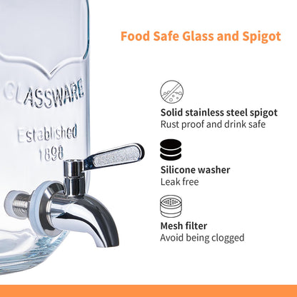 ShoreHao 2 Pack1Gallon Glass Drink Dispenser with Stand&Bamboo Lids&Fruit Infuser,304 Stainless Steel Leak-Proof Spigot,Beverage Dispenser for Parties,Water Sangria Juice Sun Tea Lemonade(Brown)