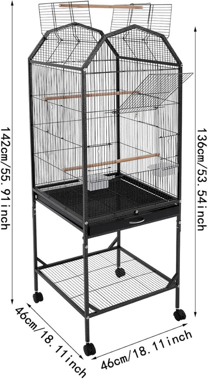 Birdcage Open Top 54 Inch Birdcages with Pull-Out Tray, Rolling Bird Cages with Wheels for Parakeets, Parrot, Cockatiel, Pigeon, Finch Cage(Black)