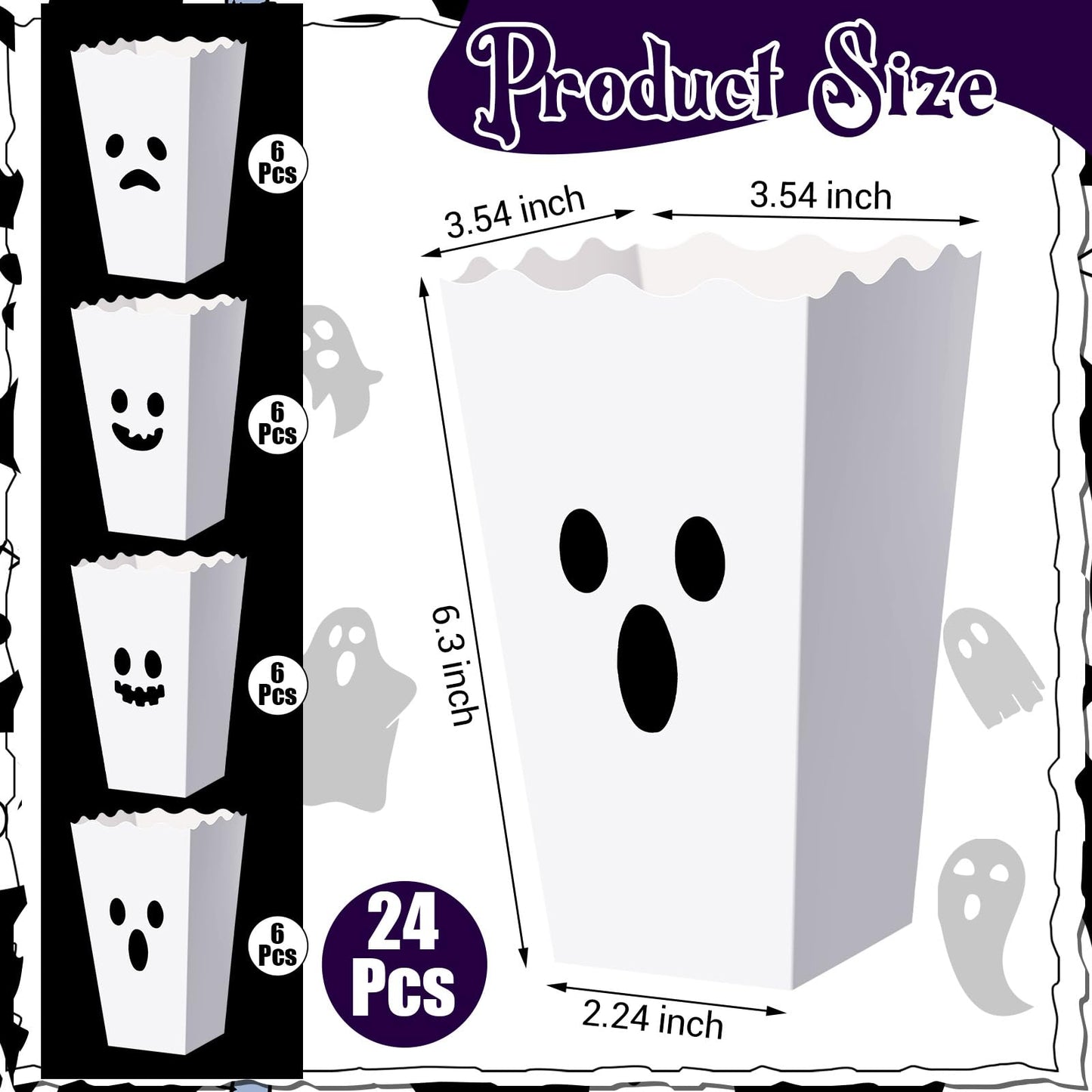 Mimorou 24 Pcs Halloween Popcorn Boxes Bulk Trick or Treat Snack Boxes Ghost Theme Paper Candy Cookie Biscuits Container Halloween Party Supplies for Party Decorations