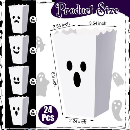 Mimorou 24 Pcs Halloween Popcorn Boxes Bulk Trick or Treat Snack Boxes Ghost Theme Paper Candy Cookie Biscuits Container Halloween Party Supplies for Party Decorations