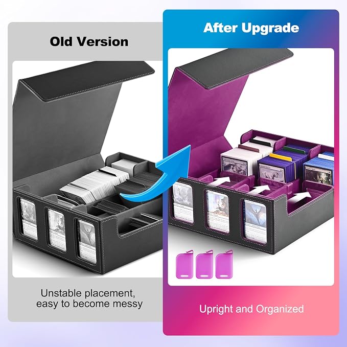 UAONO Card Storage Box for Trading Cards, 1800+ Commander Deck Box for MTG with Display Window, Toploader Card Case fits Magic TCG PTCG Sports Cards; 10 Removable Divider, 3 Stoppers (Black, Purple)