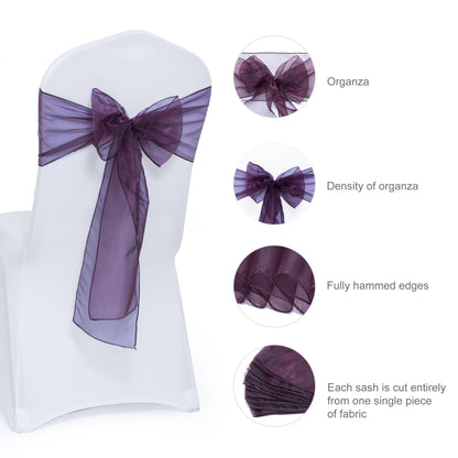 MDS® Pack of 25 Organza Chair Sashes for Wedding Decoration, Reusable Sheer Chair Bows for Banquet Chair Cover, Reception, Bridal Shower, Baby Shower, Birthday Party & Special Events - Plum