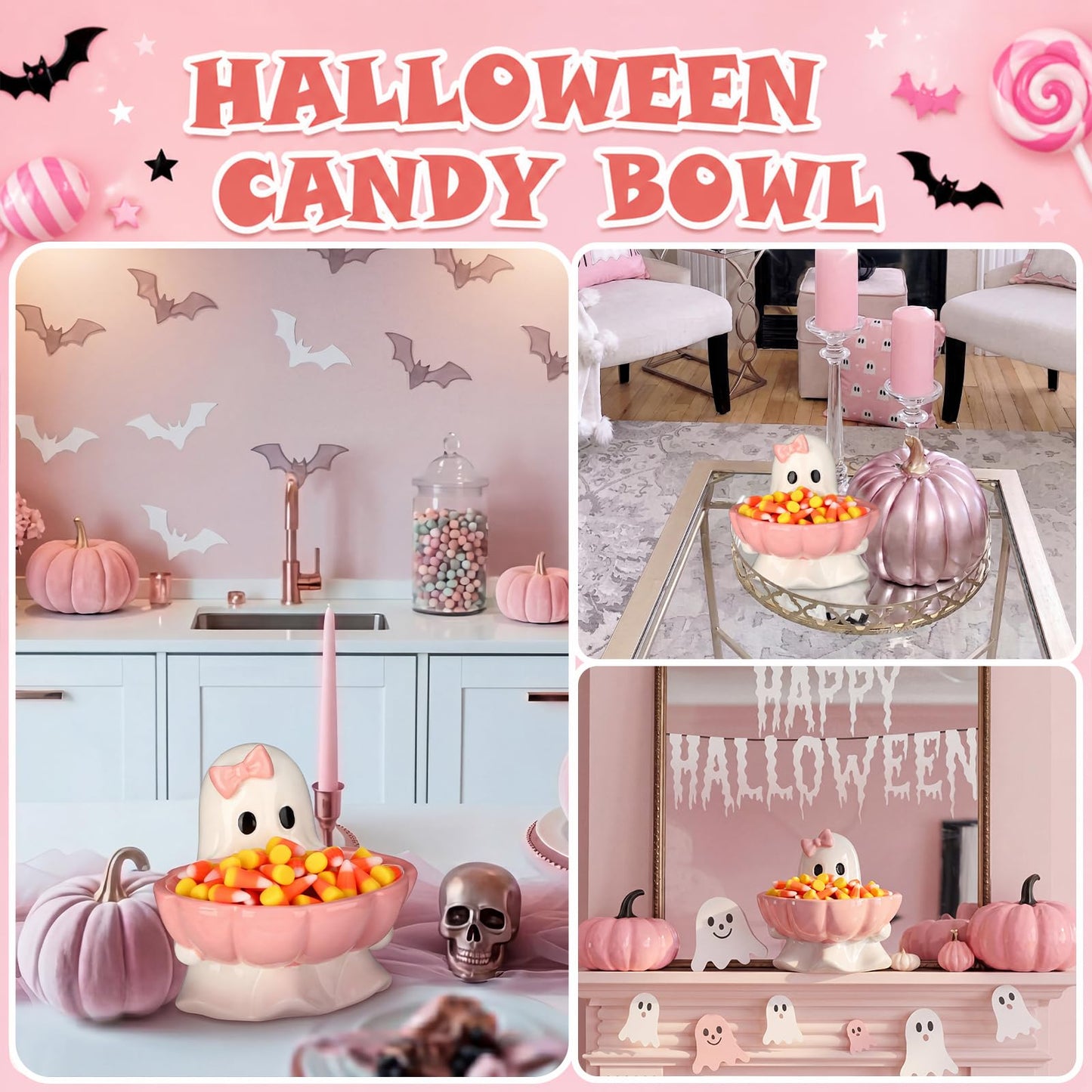 Reallnaive Halloween Candy Bowl Pink Bow Ghost Shaped Ceramic Candy Dish Ghost Serving Tray Cute Halloween Tabletop Decoration Cookie Jar for Party Supply