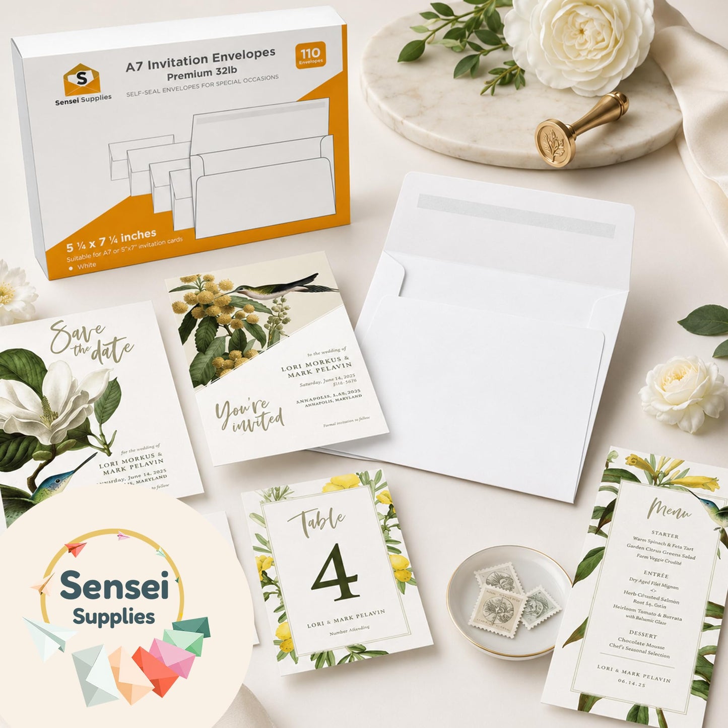 5x7 Envelopes for Invitations - 110 White Envelopes for 5x7 Cards - A7 - (5 ¼ x 7 ¼ inches) - Perfect for Weddings, Graduation, Baby Shower - 120 GSM - Peel, Press & Self Seal - Square Flap