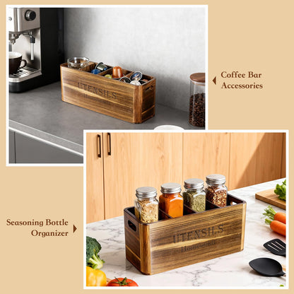 Homcookit Utensil Holder for Kitchen Countertop, Extra Large Acacia Wood Organizer, 4-Compartment Storage for Cooking Tools, Farmhouse-Style Cutlery Holder