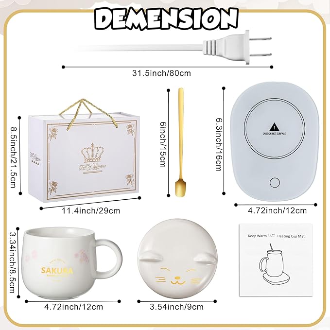 Honeydak Coffee Mug Warmer Cute Cat Mug Set Cup Warmer for Women Heated Coffee Warmers for Mom Home Office Desk Valentine's Day Anniversary Birthday Gifts(Sakura,White)