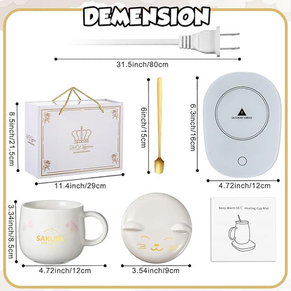 Honeydak Coffee Mug Warmer Cute Cat Mug Set Cup Warmer for Women Heated Coffee Warmers for Mom Home Office Desk Valentine's Day Anniversary Birthday Gifts(Sakura,White)