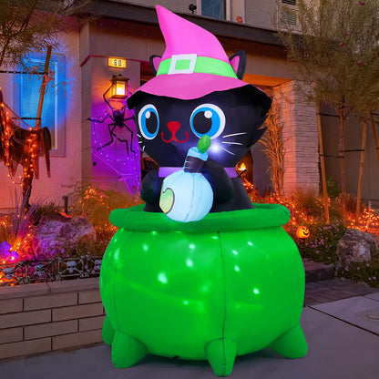 GOOSH 6 FT Halloween Inflatables Cat with Witch Cauldron Decoration Blow Up Yard Decoration with LED Lights Built-in for Holiday Lawn Party Yard Garden