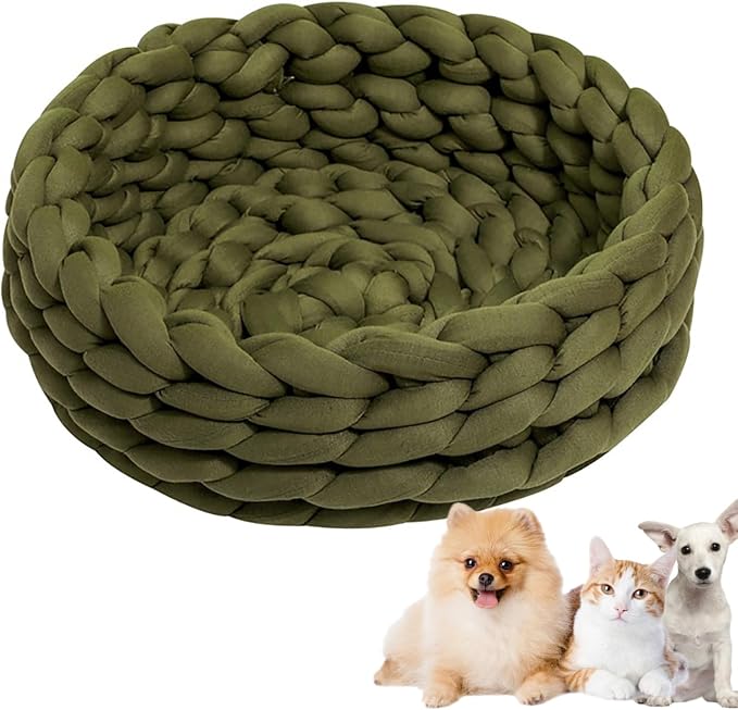 Woven Dog Bed Basket, Knitted Cotton Cat Bed Round Washable Woven Cat Pet Bed Chunky Dog Basket, Orthopedic, Chunky Knit Dog Nest,Dog Bed,Dog Cave,Dog Bedding(Green,23")