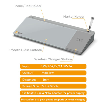 SELEAD Desktop Glass Whiteboard with Wireless Charger Station, Dry Erase White Board Computer Pad Keyboard Stand with Organizer for Home, School, Office Desk Accessories, Gray