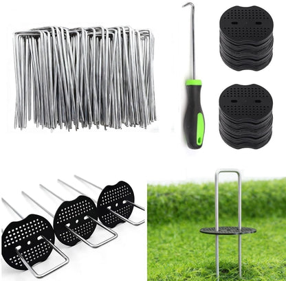 4 Inch 100 PCS Galvanized Landscape Staples with 100 PCS Gaskets, Landscape Fabric Pins Stakes Lawn Ground Cover Graden Staples Spikes Weed Barrier Stakes