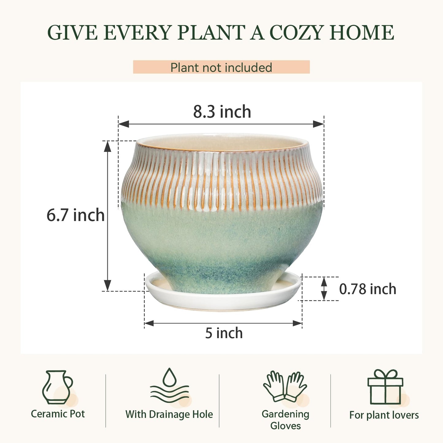 SAFIOROIS 8.3 Inch Modern Ceramic Plant Pot with Drainage Hole and Mesh Net, Indoor Outdoor Planter with Saucer & Gardening Glove, Pots for Succulents, Flowers, Large Plants, Green