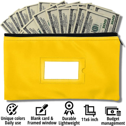 Money Bank Deposit Bag with Zipper | 11x6 inch | Yellow | Durable Leatherette Money Cash Coin Check Wallet Pouch for Men & Women with Framed ID Window and Blank Card (10)