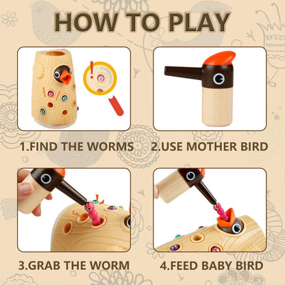 TOP BRIGHT Montessori Toys for 2 Year Old Girl Boy, Fine Motor Skills Toddler Sensory Toys Age 2-4, Woodpecker Worm Toy Magnetic Bird Feeding Game