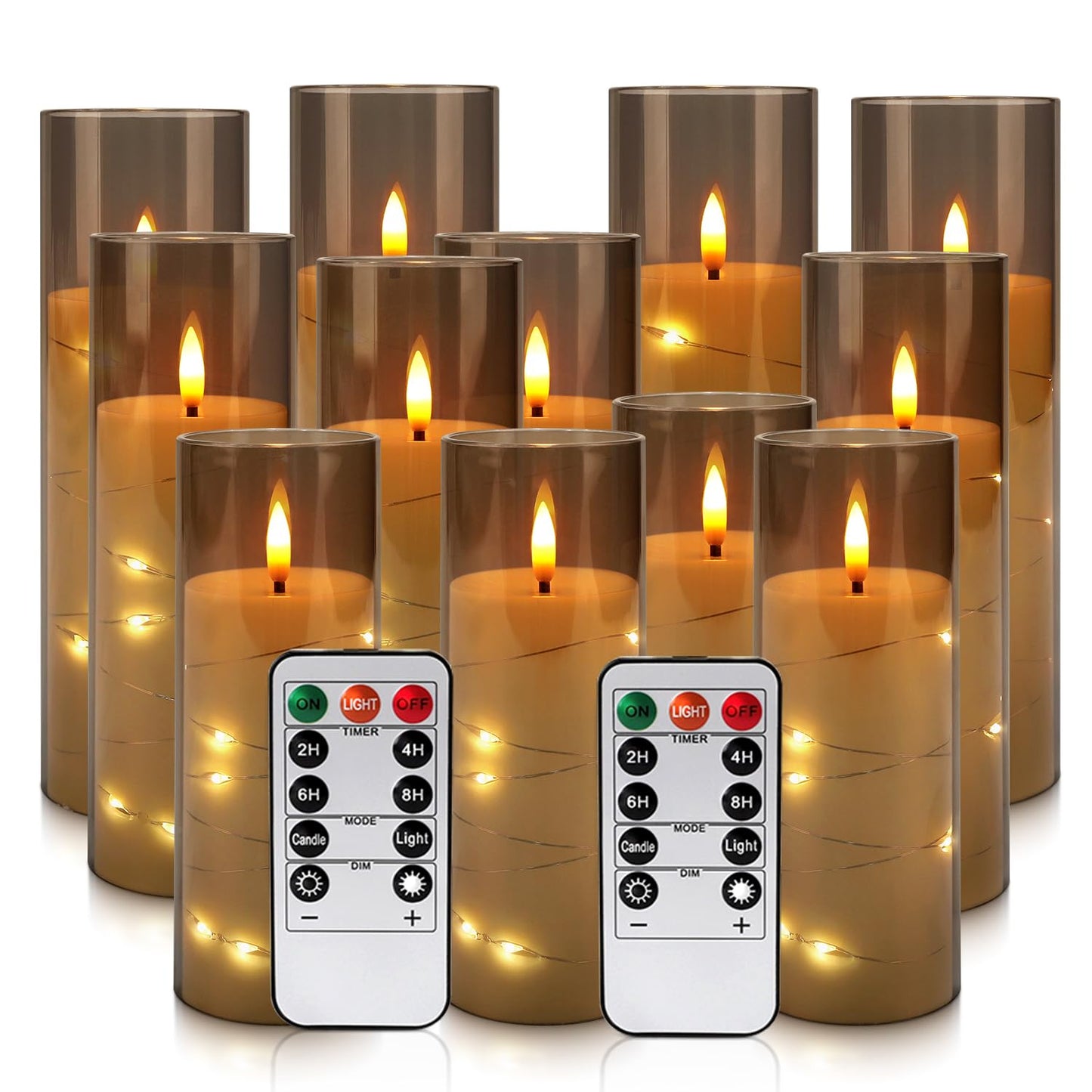 YOROXRG Flickering Flameless Candles Battery Operated with Remote,Led Pillar Candles with Realistic Moving Wick Candles for Halloween,Christmas,Home Decor Pack of 12 (D2.2 xH 5" 6" 7")(Grey)