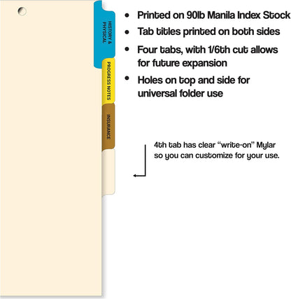 Doctor Stuff - Stock Medical Chart Dividers, 200 Sets of 4 Popular Healthcare Index Tabs, Side Tab, 9" x 11", File Folder Organizer for Nursing Patient Charts and Medical Records