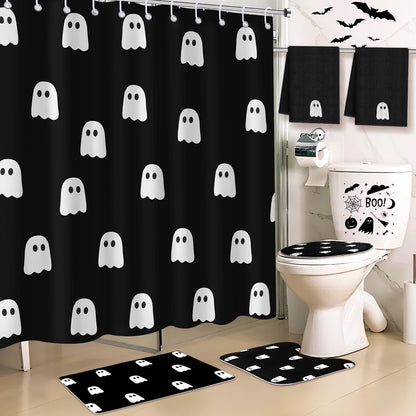 Maasechs 6 Pcs Halloween Ghost Shower Curtain Set 72" Ghost Bathroom Curtain with 12 Hooks Non Slip Rug Toilet Lid Cover Embroidered Towel U Shaped Rugs Non Slip Bath Mat for Halloween Home Decor