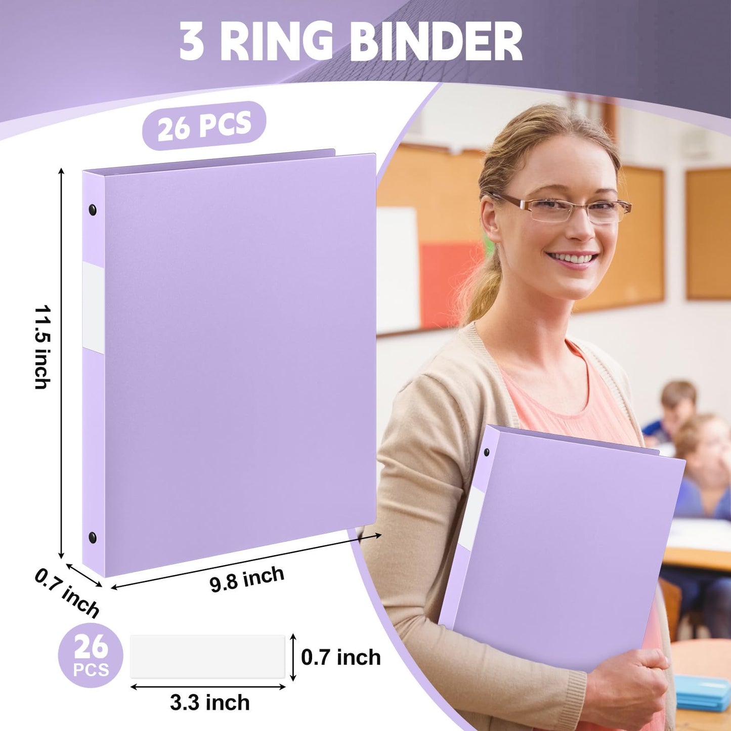 Henoyso 26 Pack 0.5 Inch Plastic 3 Ring Binder Round Ring, Bulk 1/2 Inch Flexible Binders Hold 140 Sheets Letter Size with Pocket, Document Organizer for Back to School Classroom Office (Light Purple)