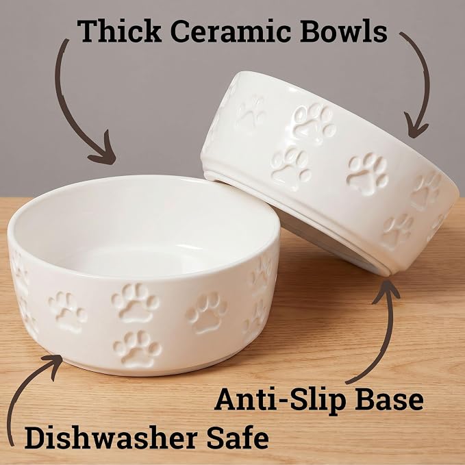 Ceramic Dog Bowl Set of 2 with Anti-Skid Base - 5.5" Wide x 2" Tall Ceramic Dog Bowls for Small Dogs - 2 Cup Capacity Food and Water Bowls for Dogs - Rubber Bottom Pet Bowl Set of 2 for Small Pets