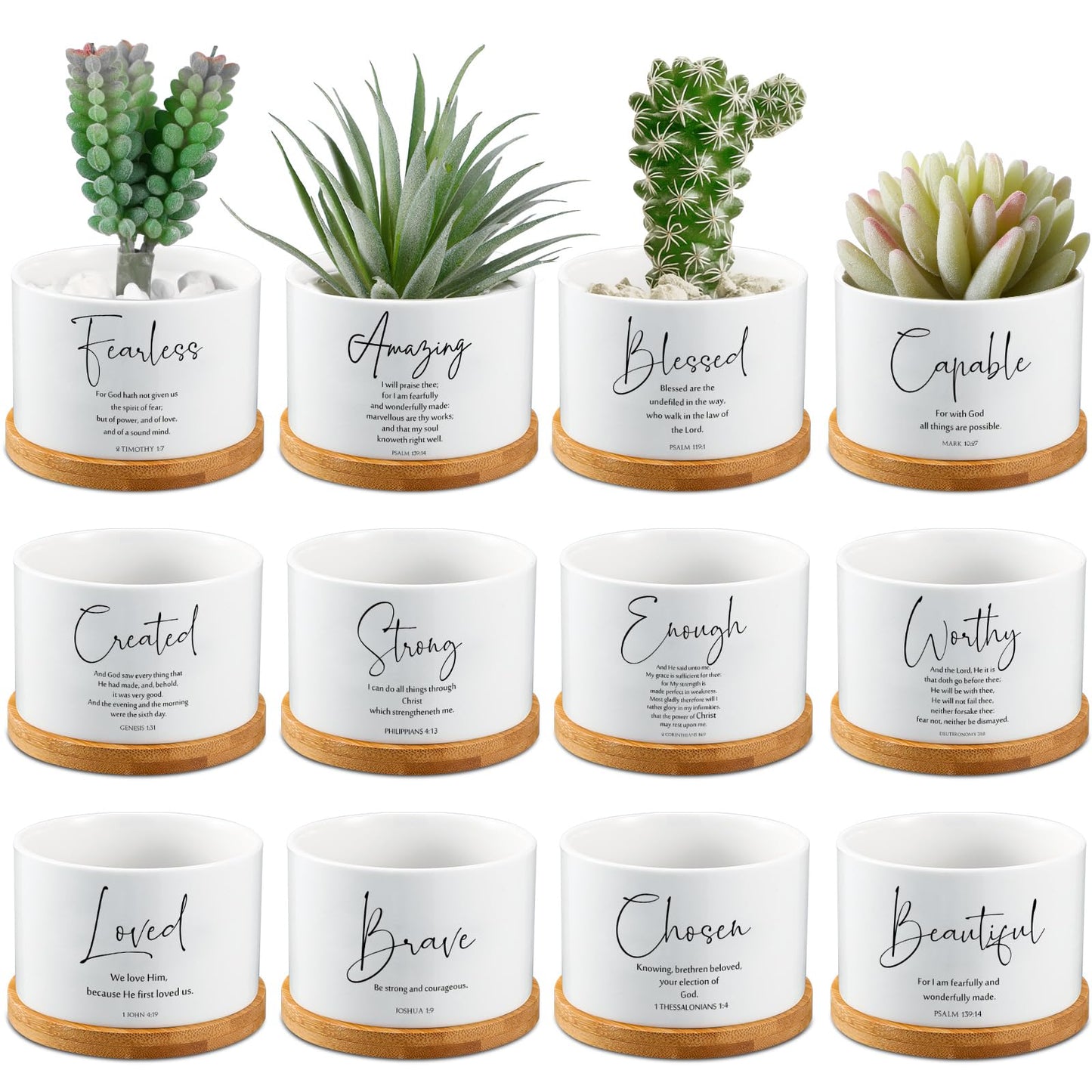 Fumete 12 Pcs Bible Verse Succulent Pots with Tray Drainage, 3 x 2 in Inspirational Mini Ceramic Flower Planter Christian Religious Gifts for Women Men Teacher Guest Staff Church(Affirmation Series)