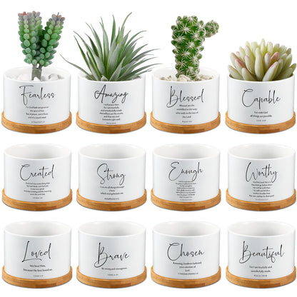 Fumete 12 Pcs Bible Verse Succulent Pots with Tray Drainage, 3 x 2 in Inspirational Mini Ceramic Flower Planter Christian Religious Gifts for Women Men Teacher Guest Staff Church(Affirmation Series)