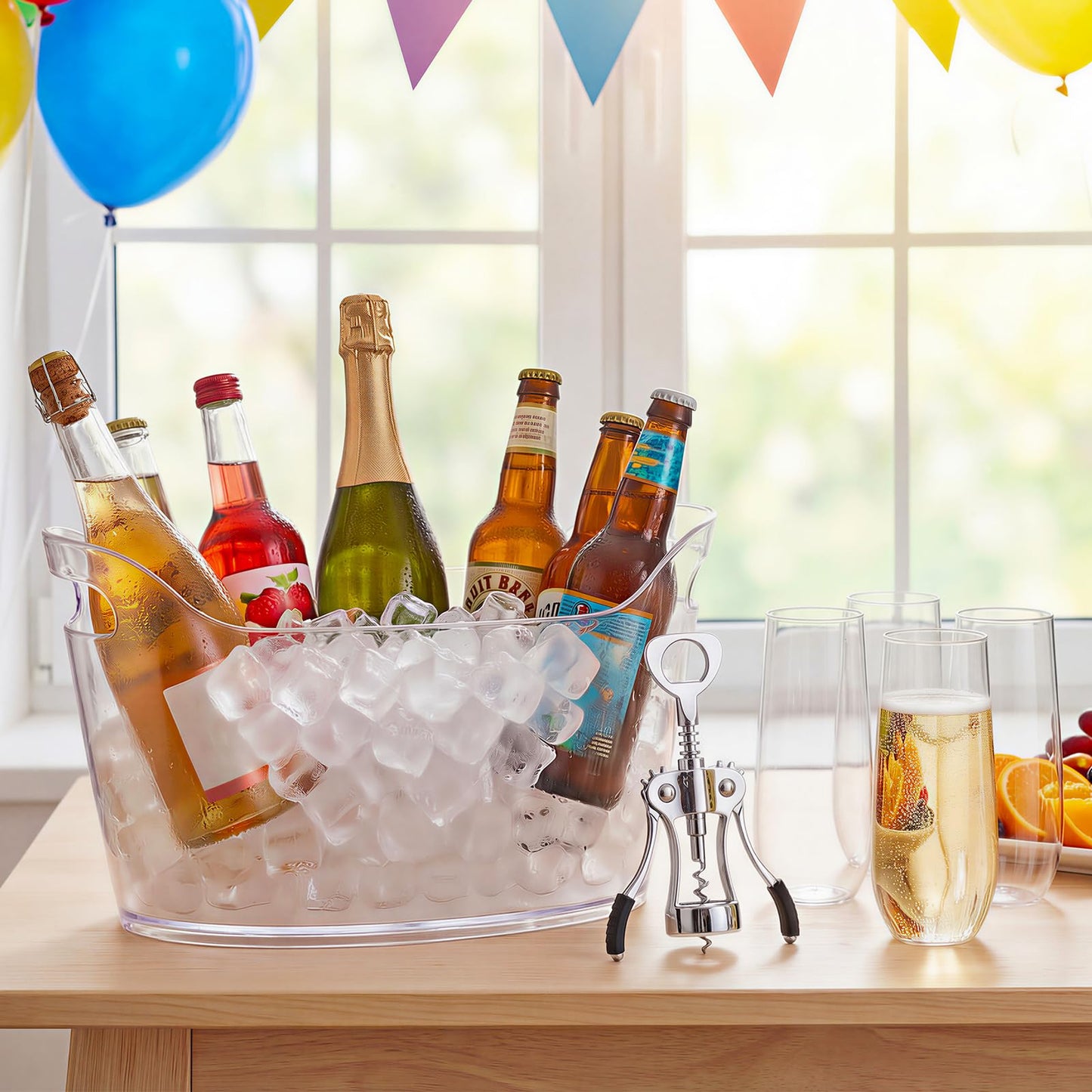 Acellegic 2 Pack 6.5l Ice Bucket for Party, Clear Plastic Champagne Cooler with Ice Scoop & Metal Bottle Opener, Large Portable Drink Beverage Tub for Beer & Mimosa Bar Supplies
