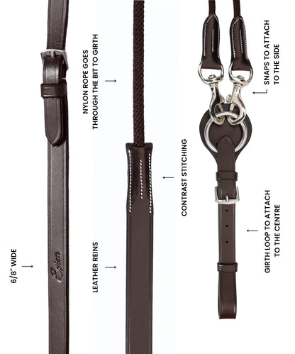 ExionPro Exion Leather and Rope Draw Reins for Horses, 6/8-19 mm Wide 90 inches Long with Buckle Guard Handle and Quick Snap | Premium Equestrian Training Draw Rein for Horses