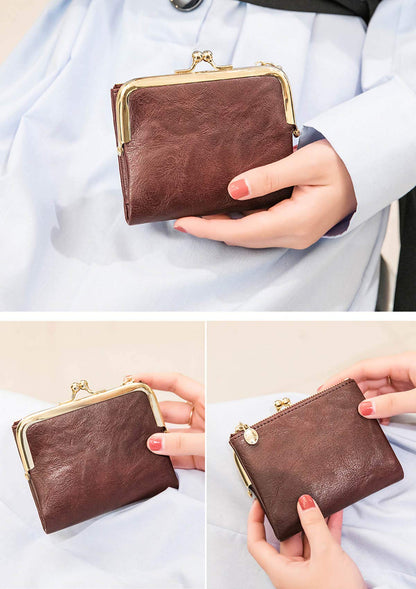 PofeeXIO Womens Wallet RFID Small Compact Bifold Leather Vintage Wallet,Ladies Coin Purse with Zipper and Kiss Lock (Brown)