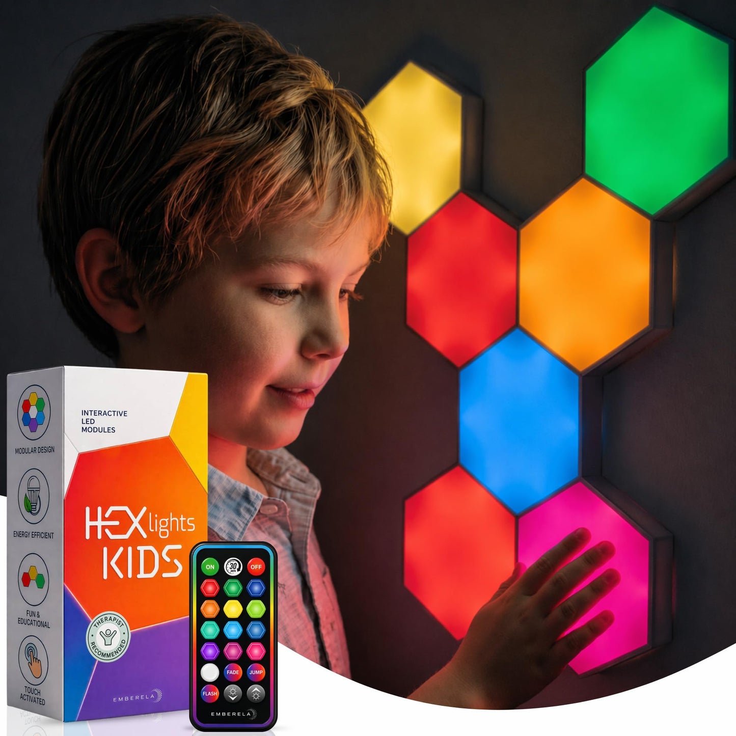 Emberela HEXlights Sensory Lights for Kids - 7pk Touch Hexagon Lights, Remote Controlled - Autism-Friendly Tap Tap Wall LED Panels for Sensory Room - Table Stand Included