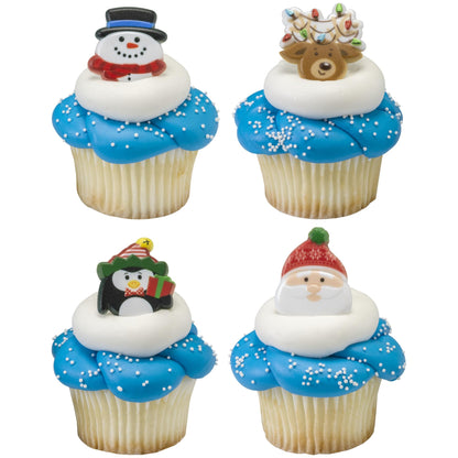DecoPac Christmas Rings, Holiday Icon Cupcake Decorations, Cupcake Toppers Featuring Santa, Reindeer, Snowmen, and Penguins, Festive Food Safe Cake Topper – 24 Pack