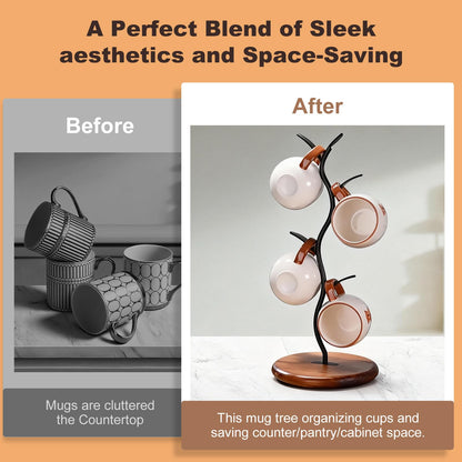 Noeixrah Mug Tree Holder, Bronze Metal Leaf Branch & Solid Wood Base Mug Holders, Countertop Coffee Mug Trees Organizer for Kitchen, 4 Hooks, Sleek Modern Decor for Coffee Station