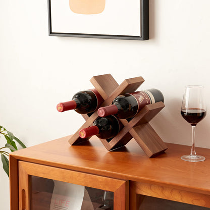 TREOAKWIS Wine Rack Countertop Oak Solid Wood Wine Organizer Rack 4 Bottles Holder for Wine, Drinks, Beer, Suit for Home, Bar, Kitchen,Cellar Basement (Walnut)
