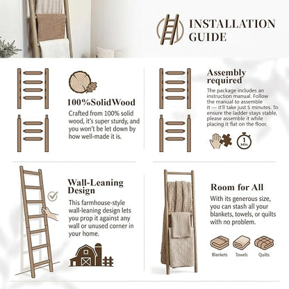 Wooden Blanket Ladder - 76in(7-Rung) Natural Wood Color- Leaning Wall Decor for Bedroom, Bathroom, Living Room - Rustic Quilt Holder (Brown (Knock Down), 76in(7-Rung) | Knock Down)