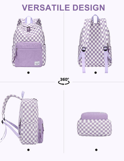 VASCHY Corduroy Backpack for Girls, Lightweight School Bag for Elementary, Middle & High School, Teen Bookbag, Women’s Casual Travel Daypack Purple Plaid