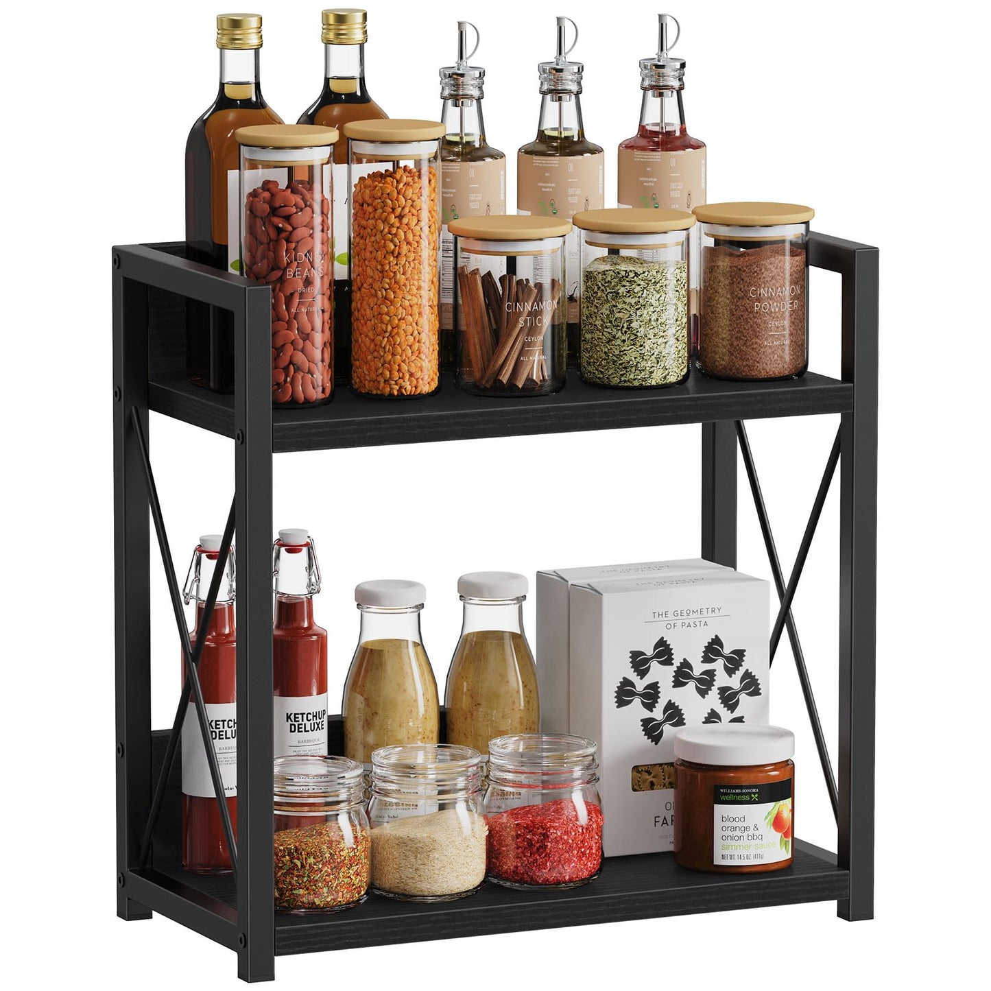 Giikin Kitchen Countertop Organizer, 2 Tier Coffee Bar Organizer, Black Spice Rack for Counter, Kitchen Counter Shelves, Particleboard, Large Size (15.8" L x 7.9" W x 15.8" H), Black