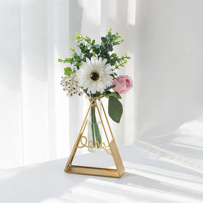 Glass Flower Vase with Metal Frame,Modern Creative Geometric Clear Vase for Flower Centerpieces Decorative,Desktop Hydroponics Vase Plant Terrarium for Home Office Decor (Gold Triangle)